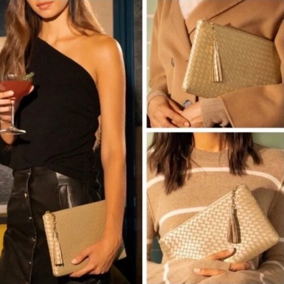 Virginia Wolf Handbags - Virginia Wolf Vegan Mimi Woven Metallic Gold Clutch (NWT!)